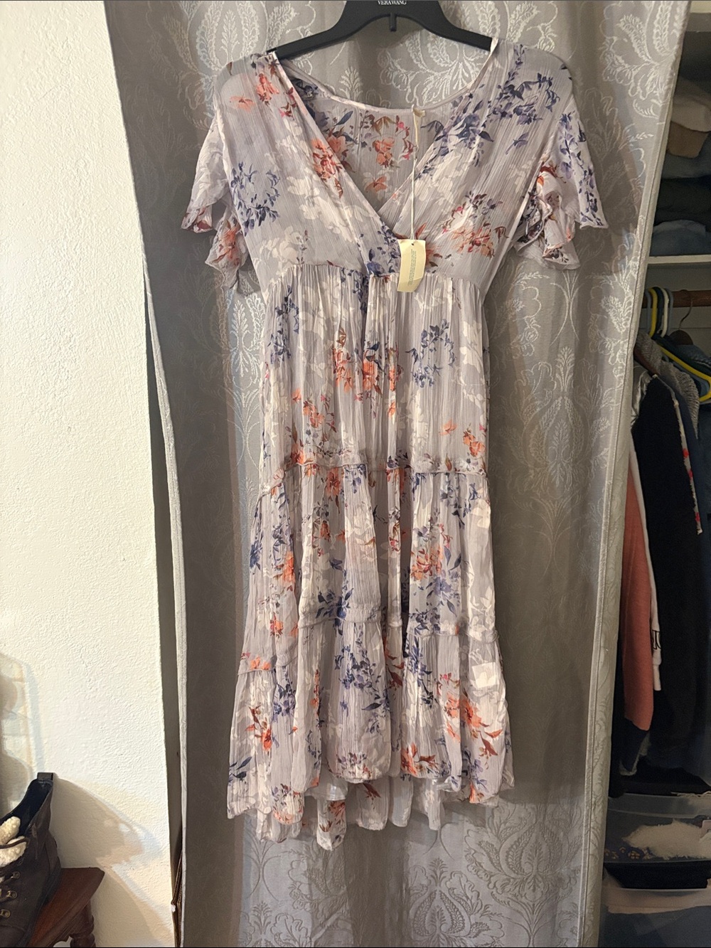 Sundance Light Gray High-Low Floral Tiered Dress with Orange & Blue Accents